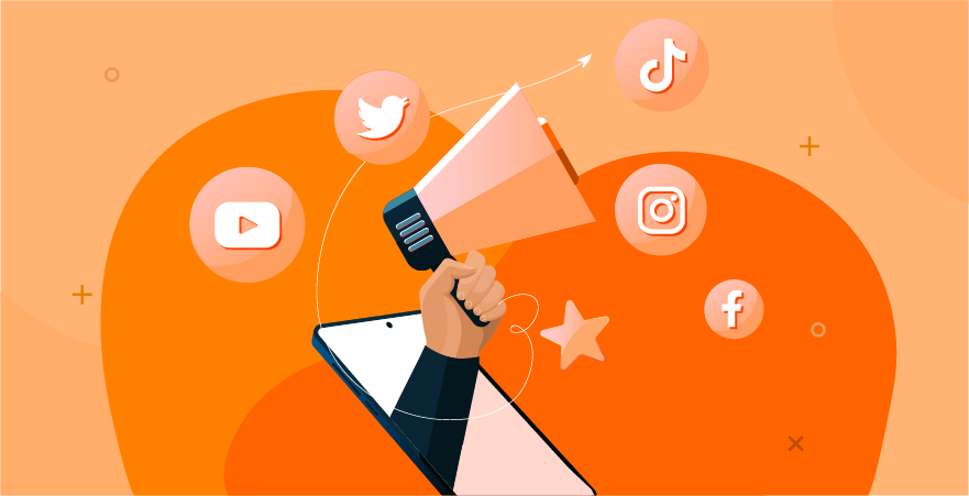 Device screen with an arm holding a megaphone coming out of the screen with icons of social channels surrounding the megaphone all on orange backdrop.