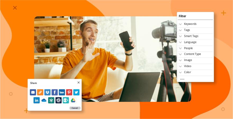 Image of a man in his 30s doing a presentation in front of a camera with a laptop in front of him. Overlaid on the left is Canto's menu of social icons you can easily share content to. On the right side of the image slightly overtop of the image is a menu of filters you can use to find the exact asset you need to share to your following. All overtop orange backdrop.