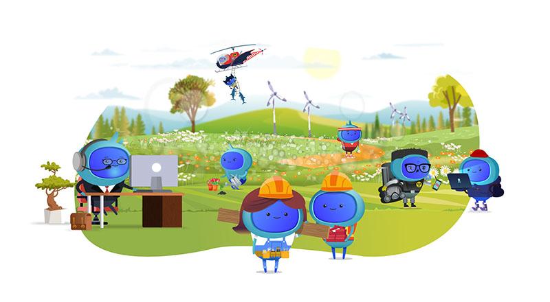 Landscape depicting iAM Learning characters in various work situations. 