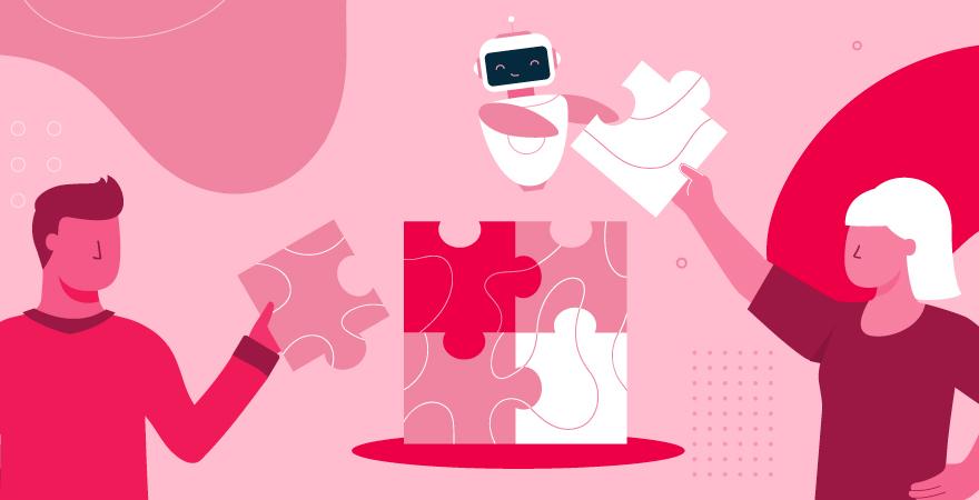 Der Roboter setzt das immer größer werdende Puzzle zusammen, während die menschlichen Arbeitskollegen ihm neue Puzzleteile reichen, um das ursprüngliche Puzzle zu erweitern.