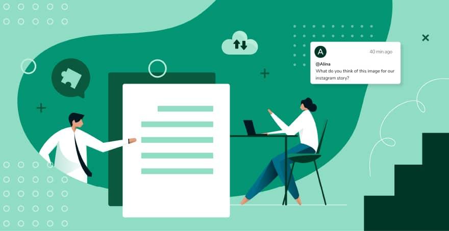 Arbeitskollegen diskutieren die Einzelheiten bei der Verwendung eines Assets per Online-Dialog und Kommentare.
