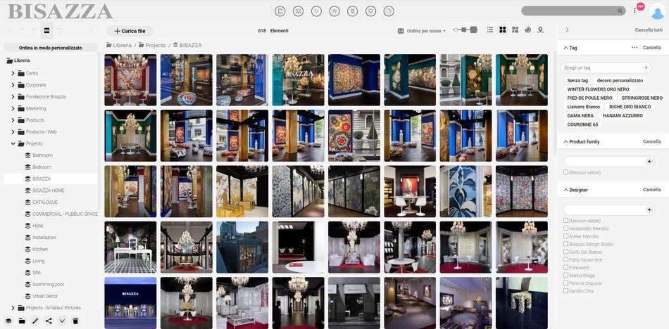 A screenshot of the image library of Bisazza with photographs showcasing their most beautiful arrangements and installations.