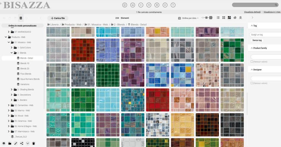A screenshot of the image library of Bisazza with pictures of their various mosaic tiles in detail.