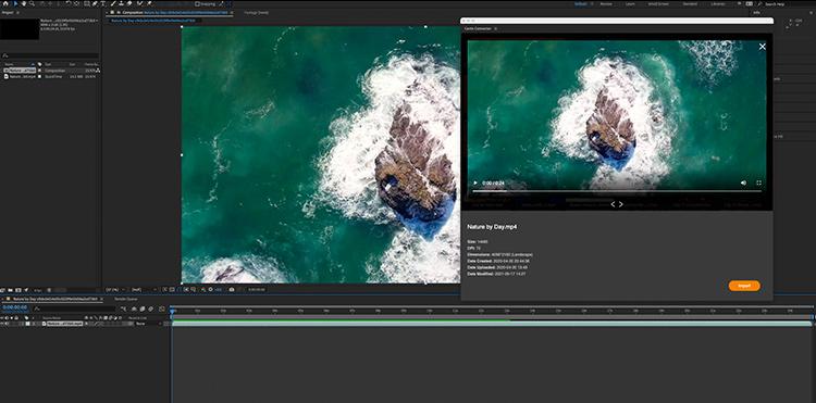 Ein Screenshot der Integration von Canto mit Adobe After Effects, der ein Video in der Canto Medienbibliothek zeigt, das in Adobe After Effects verwendet wird.