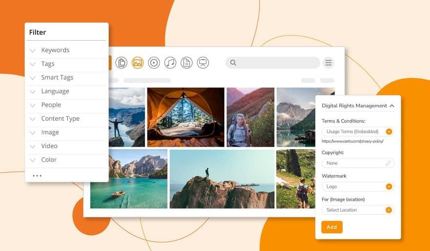 Screenshot eines Digital Asset Management-Systems mit verschiedenen Bildern, daneben Dialogfenster für Filter und für den Status des Digital Rights Management.