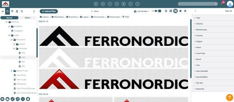 Screenshot of the library of the Canto digital asset management system of Ferronordic showing images of their logos in several variants.
