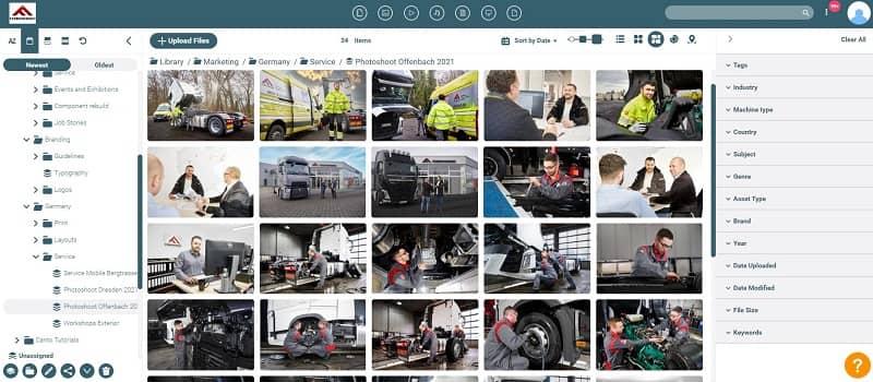Screenshot of the library of the Canto digital asset management system of Ferronordic showing images of equipment, machinery and workers.