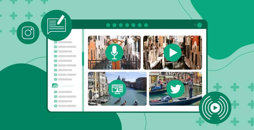 Eine Benutzeroberfläche eines Digital Asset Management-Systems zeigt vier digitale Assets, die jeweils mit einem anderen Symbol für ihren Verwendungszweck oder Dateityp gekennzeichnet sind: Mikrofonsymbol, Videowiedergabeknopf, Icon für Videokonferenz und Twitter-Symbol.