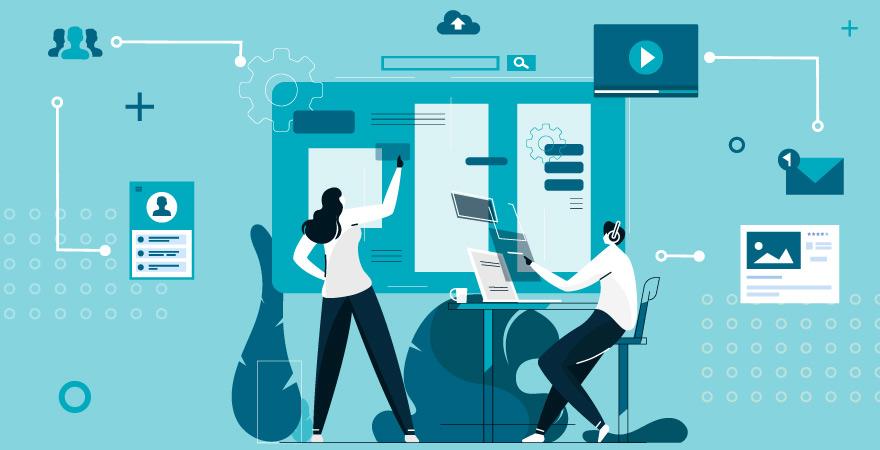 Zwei Kollegen arbeiten nebeneinander an verschiedenen Einzelaufgaben, deren Ergebnisse sie in einer technischen Lösung zusammenführen, die als Drehscheibe für ihre Bemühungen dient.