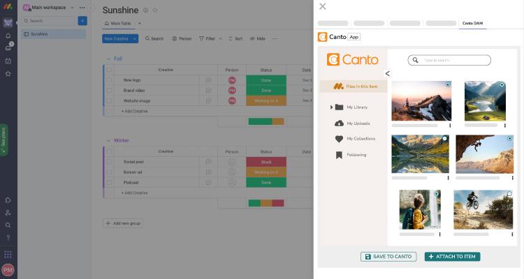 Screenshot von digitalen Canto Assets im Anhang eines monday.com Items.