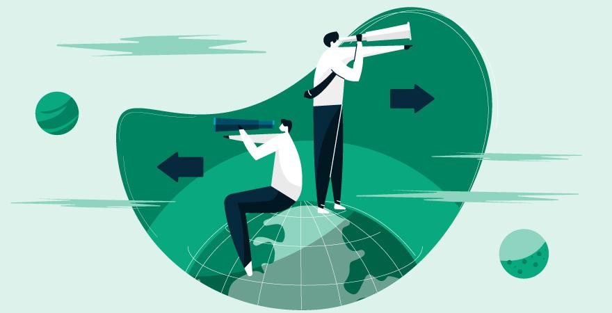 Two explorers on top of a globe using telescopes to search for their brand's voice, all overtop a green organic shape.