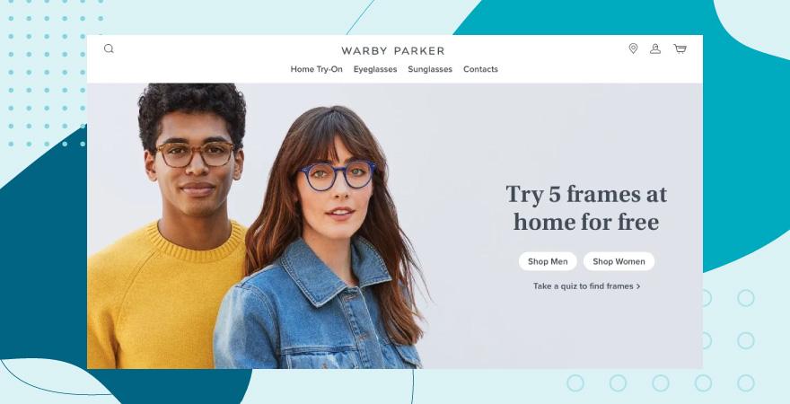 Warby Parker homepage with brand images.