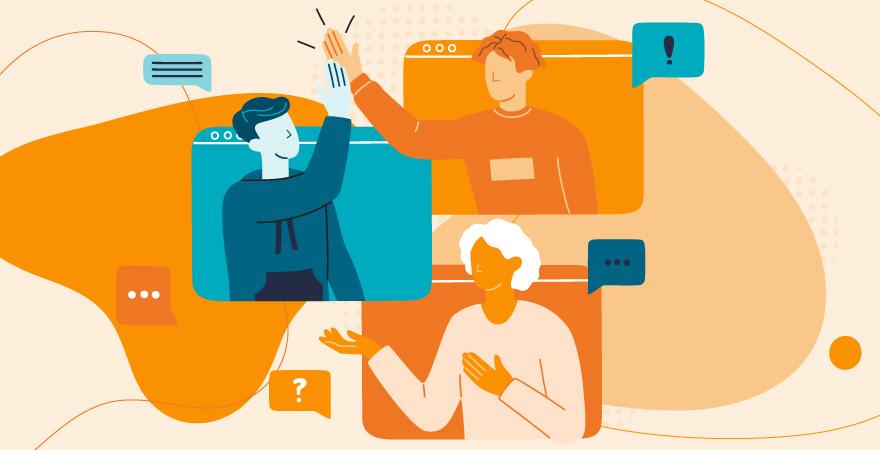 Drei Menschen tauchen aus verschiedenen Bildschirmen auf und kommunizieren miteinander in einer hybriden Umgebung.