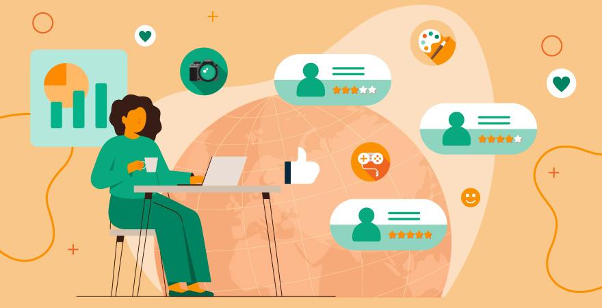 Woman at computer looking at customer engagement on an orange abstract background.