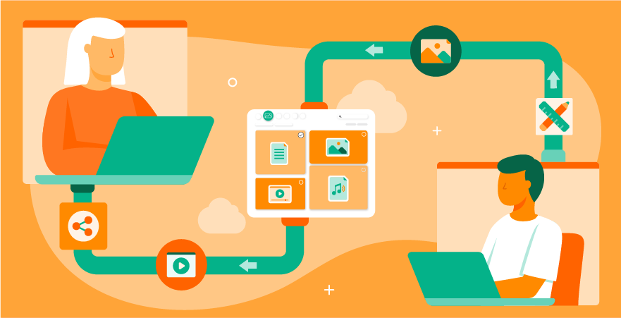 Verschiedene Teammitglieder arbeiten zusammen und stellen Assets bereit, wobei ein DAM-System das Herzstück ihres kreativen Workflows ist.