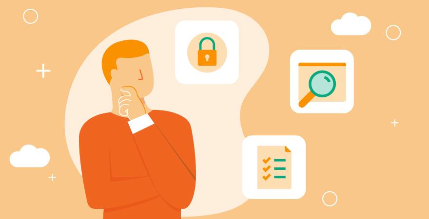 Eine gedankenversunkene Person mit Symbolen, die für Sicherheit, Suchfunktionen und Checklisten stehen, vor einem orangefarbenen Hintergrund.