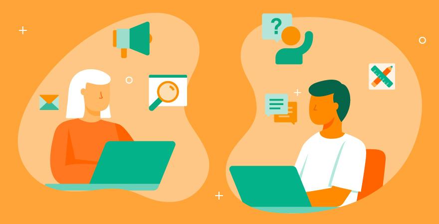 Zwei Personen sitzen an ihren Laptops, symbolisch für zwei individuelle digitale Kundenerlebnisse.