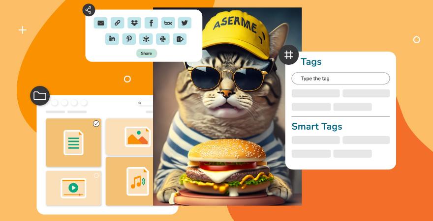 Abbildung einer Katze mit Hut, Hemd und Sonnenbrille, die einen Cheeseburger isst; eingerahmt von Elementen der Canto Benutzeroberfläche vor einem orangefarbenen Hintergrund.