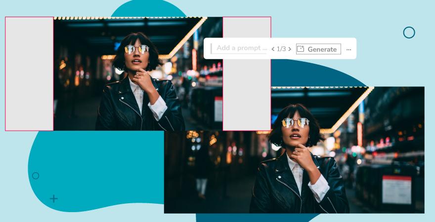 Foto einer modern gekleideten Frau auf einer belebten Straße; auf einem weiteren Bild wurde die Umgebung der Frau mittels generativer Ausfüllung erweitert.
