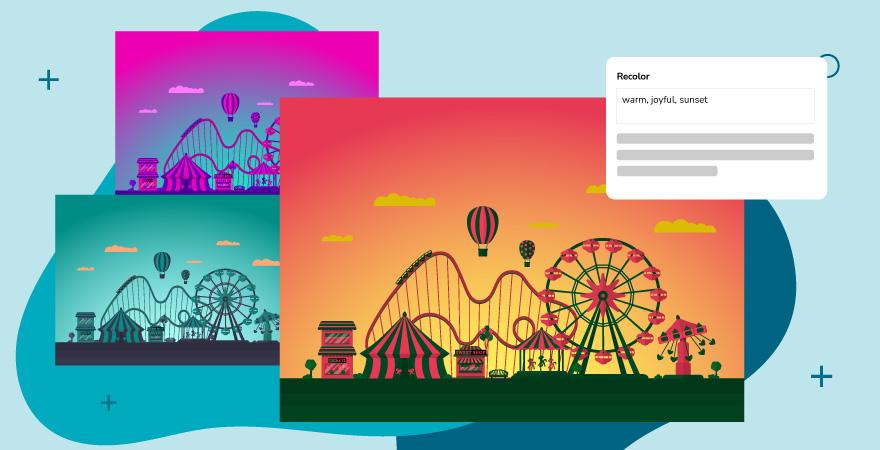 Drei Abbildungen eines Freizeitparks, die mithilfe der generativen Neukolorierung von Adobe Firefly in mehreren Farben generiert wurden.