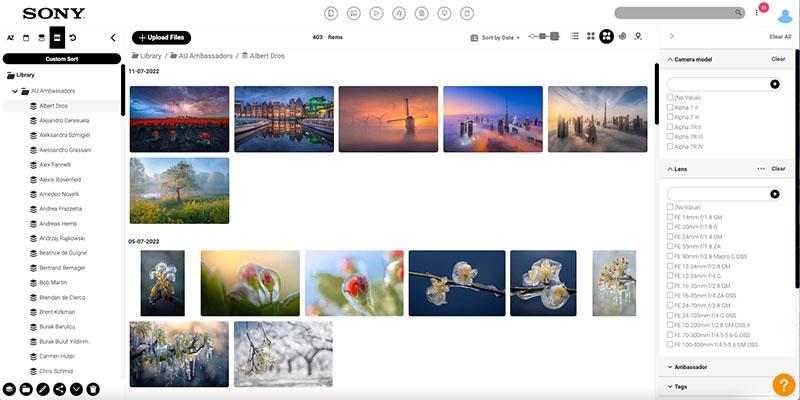 Screenshot der Sony Medienbibliothek mit digitalen Assets der Markenbotschafter von Sony, der Ordnerstruktur und weiteren Filtermöglichkeiten, z. B. nach Kameramodell oder verwendetem Objektiv.