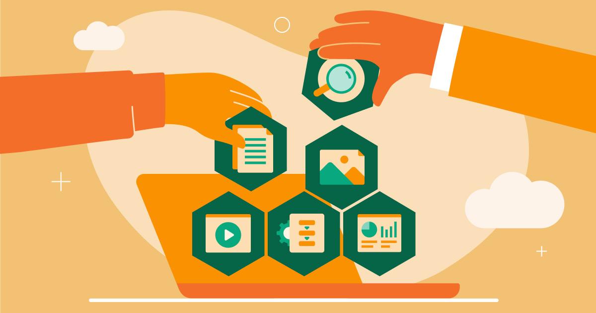 Hands placing marketing technology icons onto a laptop, including documents, search, videos, images, graphs, and workflows on an orange background.