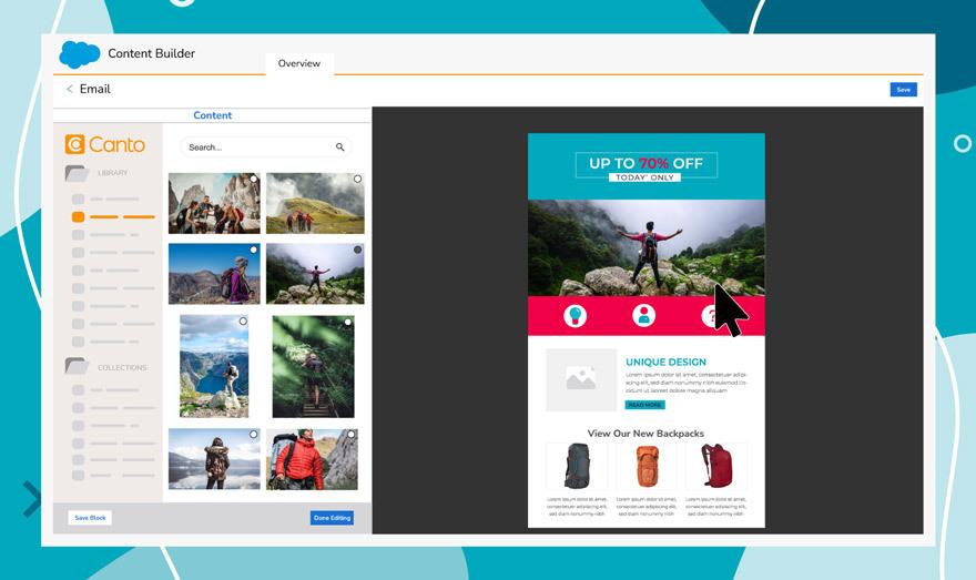 Ein Screenshot zeigt die Integration vom Digital Asset Management System von Canto mit der Salesforce Marketing Cloud in Aktion.