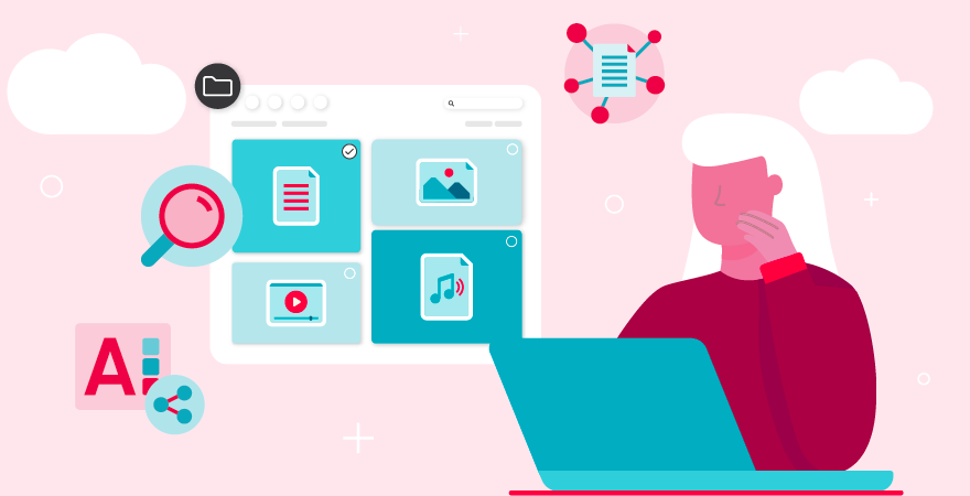 Illustration of a marketer navigating a content library full of different types of digital marketing assets.