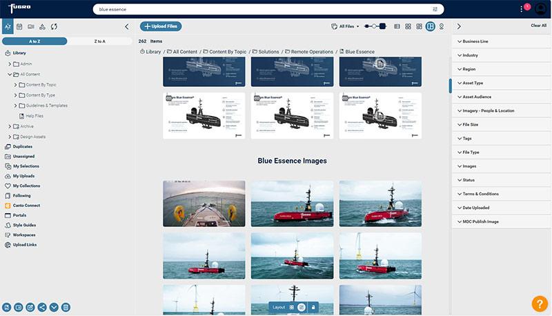 Die Canto Instanz von Fugro in komplettem Markendesign, darin eine Ansicht des Ordners Blue Essence mit verschiedenen Fotos des ferngesteuerten Bootes auf dem Meer.