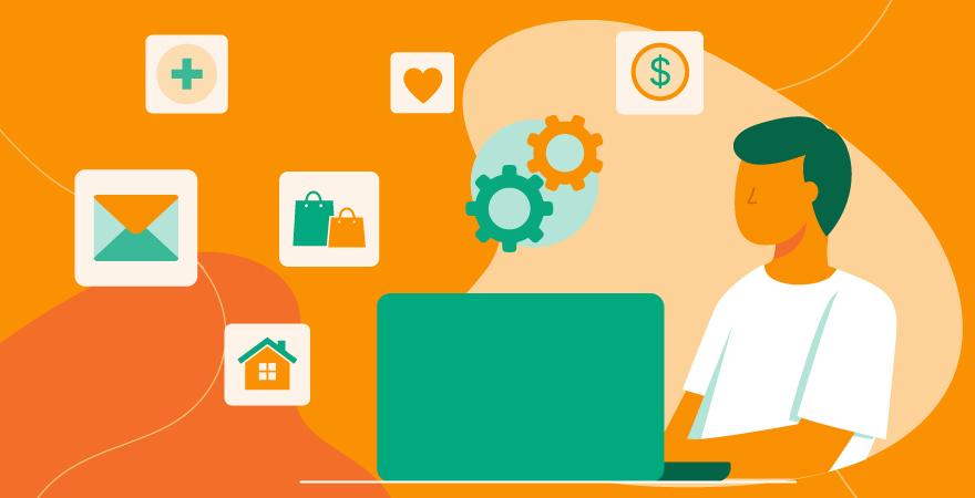 Hovering icons for real estate, healthcare, email, e-commerce, financial, and product reviews over an orange background.