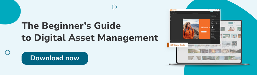 Computer with a digital asset management system and text block that reads "The beginners guide to digital asset management - download here" all over a blue background