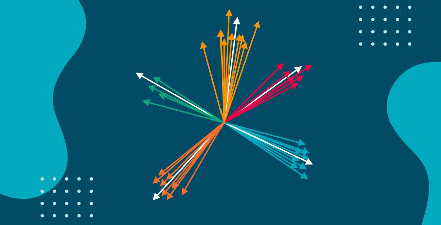 An image of dozens of arrows in different colors representing an n-dimensional vector of a digital image over a blue background.