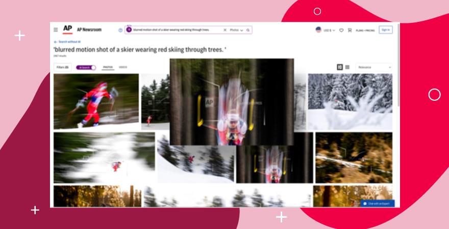 Search results of blurred motion shot of a skier wearing red skiing through trees.  