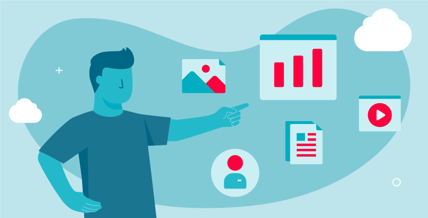 Abbildung eines Marketingexperten im E-Commerce-Bereich, der auf eine Grafik mit verbesserten Unternehmenszahlen zeigt.
