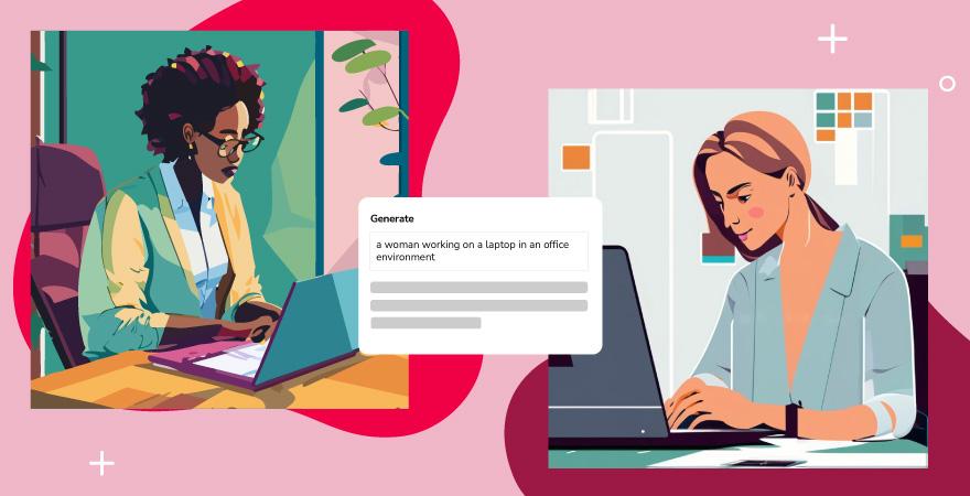 Ein von Adobe Firefly mittels künstlicher Intelligenz generiertes Bild einer Frau, die an einem Computer sitzt.