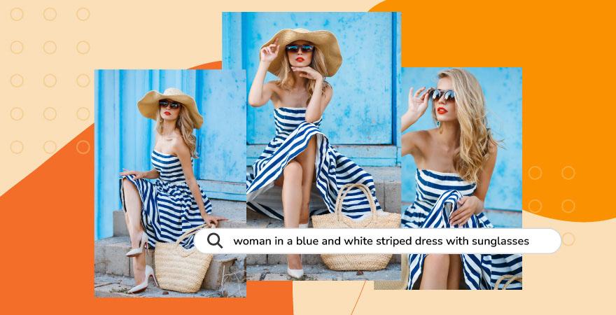 3 images of a woman in a dress with a search bar over an orange background.