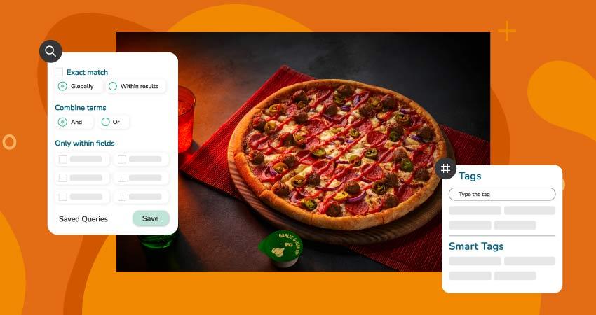 Das Markenbild einer Pizza von Domino's wird als Suchergebnis in Canto mit Schlagwörtern und Smart Tags ausgegeben.