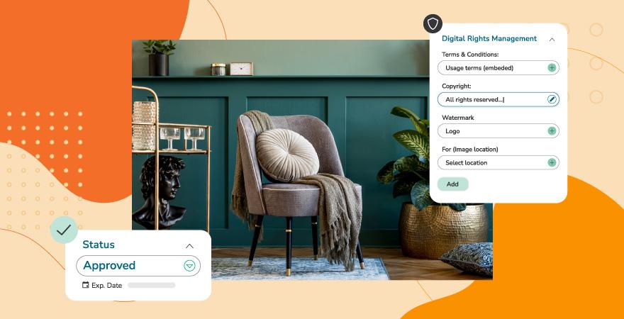  A visual blend of a cozy home interior with a chair and decorative items on one side and a digital rights management interface on the other, illustrating the concept of copyright and digital asset protection.