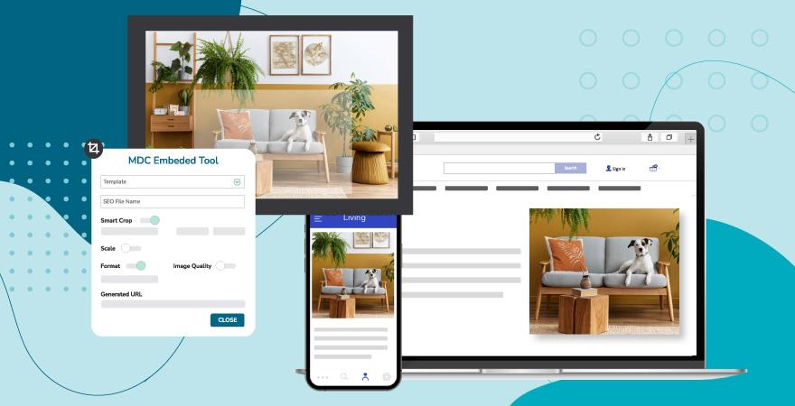 A graphical representation of a digital tool for embedding responsive images, showing interface options on the left, a laptop screen with a web browser preview of a living room in the center, and the same image adjusted for a mobile display on the right.