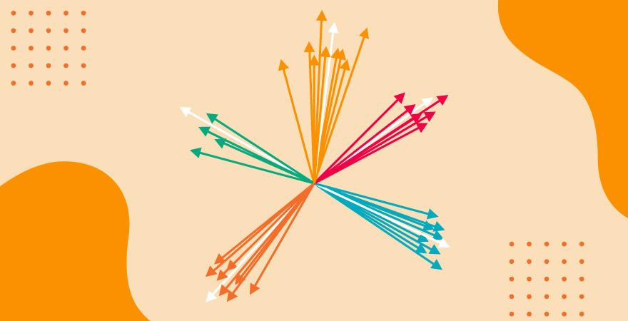 Series of colored arrows pointing outward from a single point as n-dimensional vectors over an orange background.