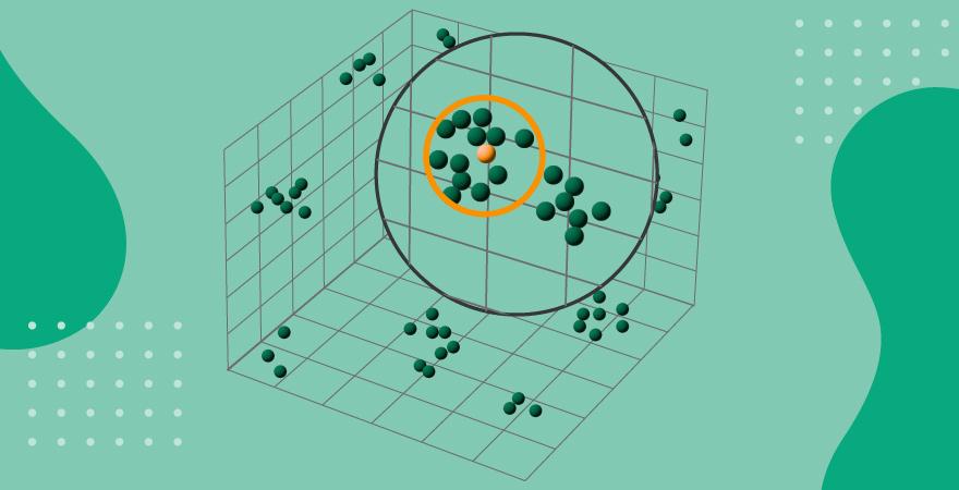 Image of a three-dimensional space of descriptors, focused on a relevant cluster of descriptors, on a green background.