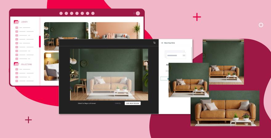 An image showing images in different sizes being automatically created by Canto's Media Delivery Cloud over a red background.