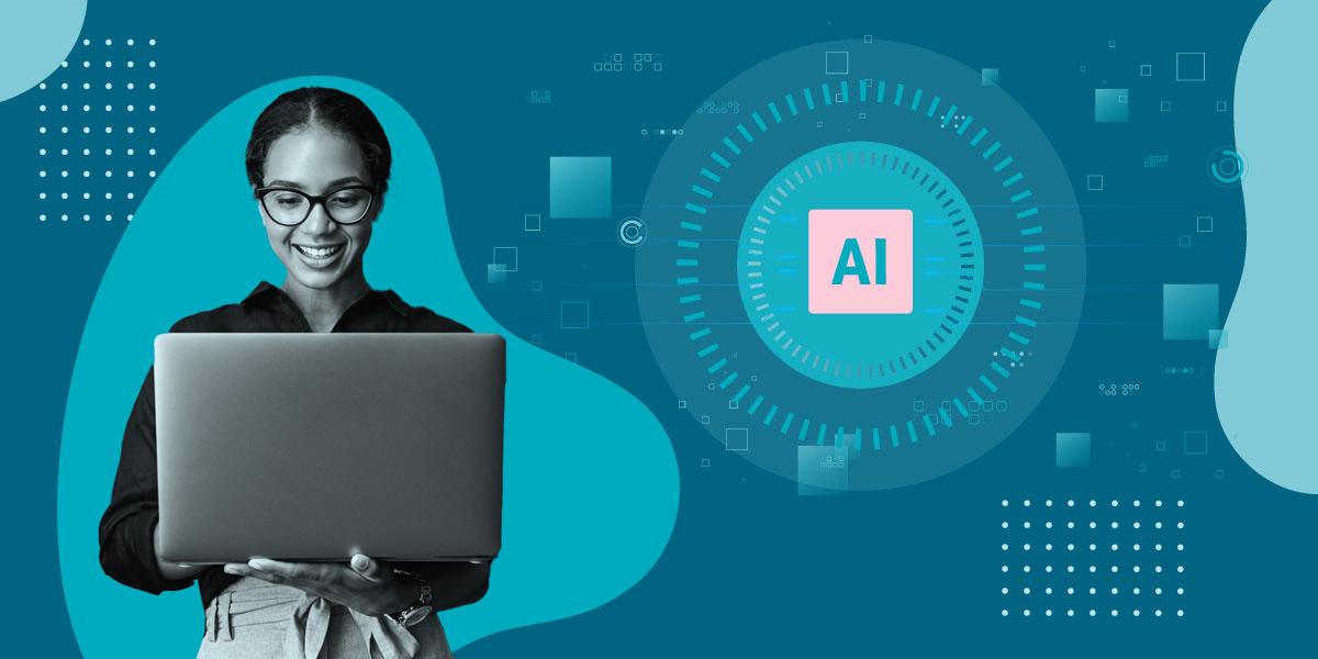 Woman using AI digital asset management on a laptop with technology-themed background and "AI" text in the center-right.