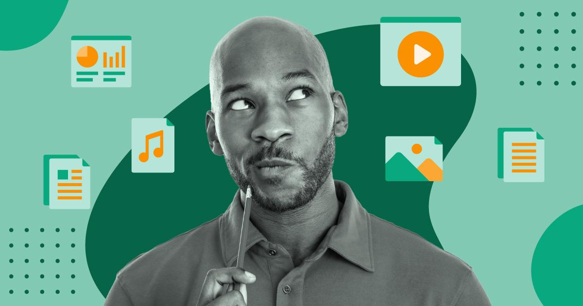 Image of a man thinking about digital assets such as images, videos, documents, and music hovering around him over a green background.