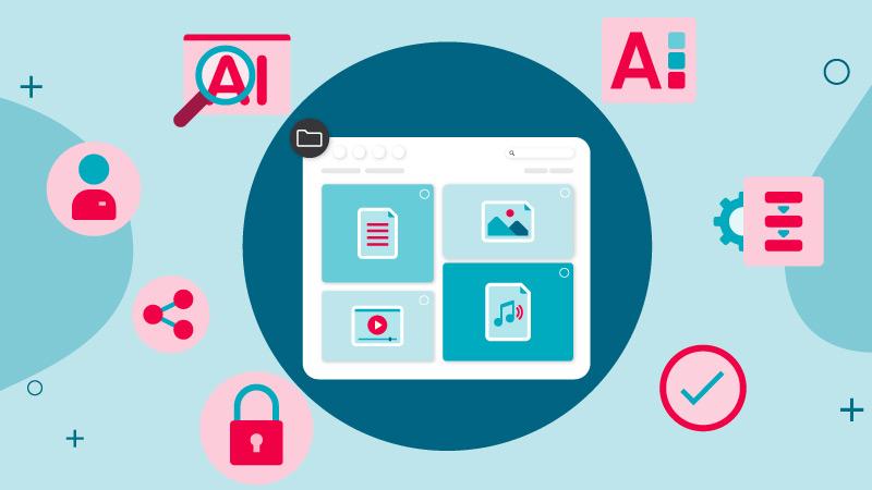 Illustration of a file management interface with icons for document, image, video, and music files, surrounded by various symbols and icons on a light blue background.