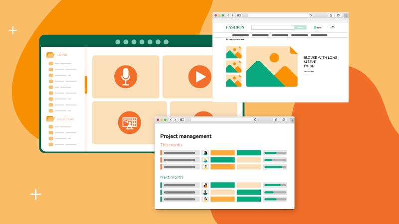 Illustration of three overlapping browser windows on an orange and yellow background. Includes a media interface, an e-commerce page, and a project management tool.