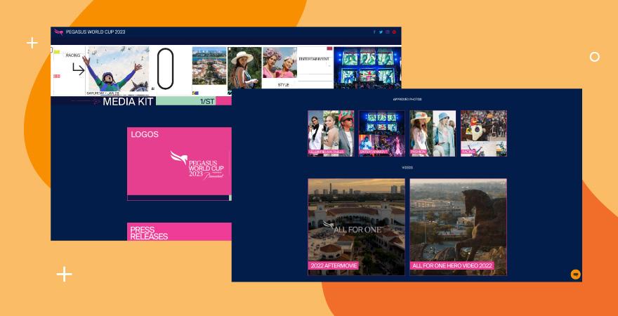 Media kit layout for Pegasus World Cup 2023 featuring thumbnails for logos, press releases, approved photos, and video links.