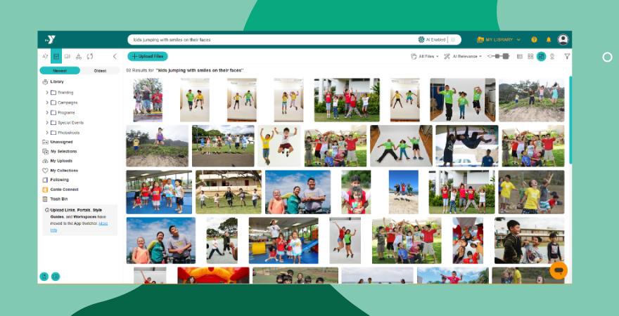 Screenshot of a photo management app showing search results for "Kids jumping with smiles on their faces."