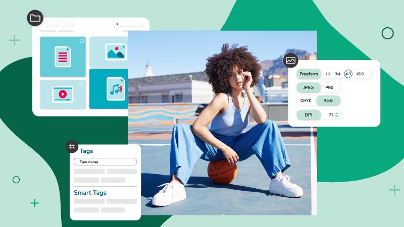 Download settings and tags appear next to a fashion brand asset featuring a model wearing blue and sitting on a basketball.