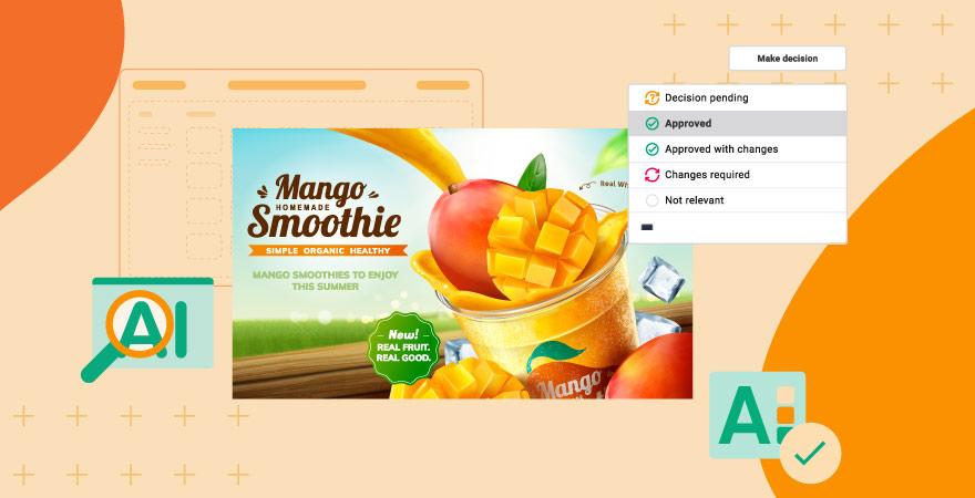 Image of mango smoothie product marked as approved in a brand approval workflow over an orange background.